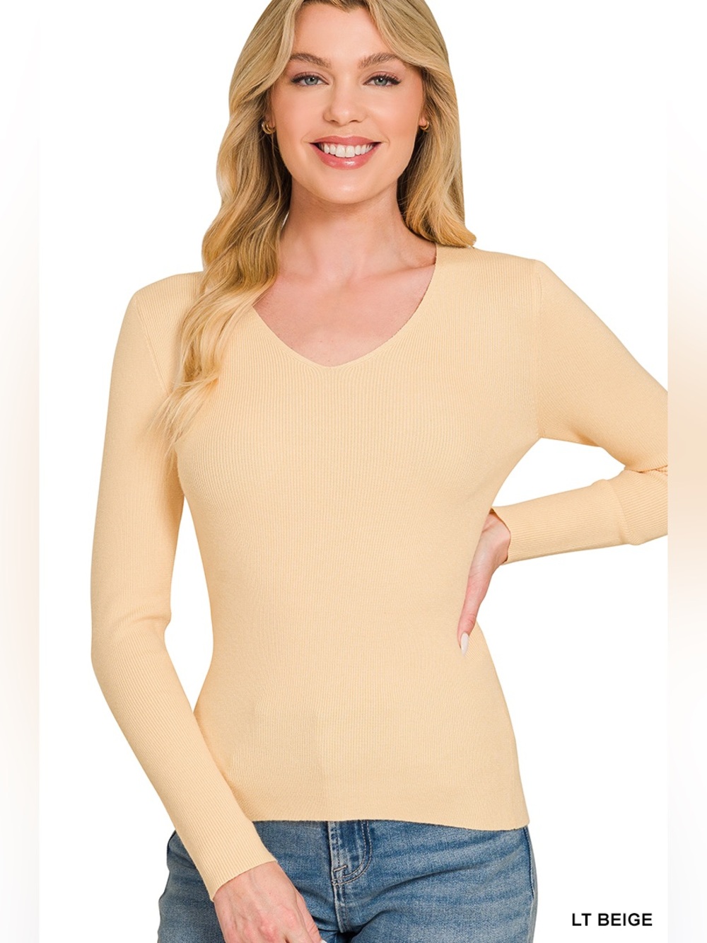 Zenana Lt Beige Viscose Fitted V-Neck Sweater